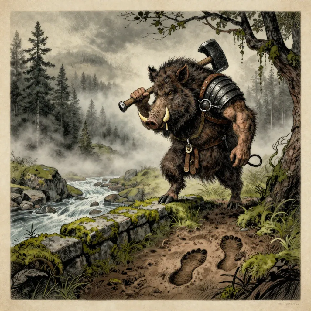 Crossing the old stone bridge into the deep forest