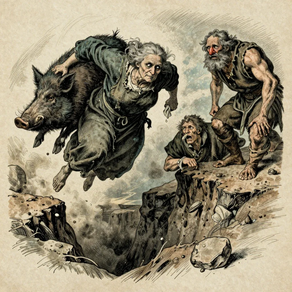 Dramatic escape — riders leap across a chasm as a troll watches