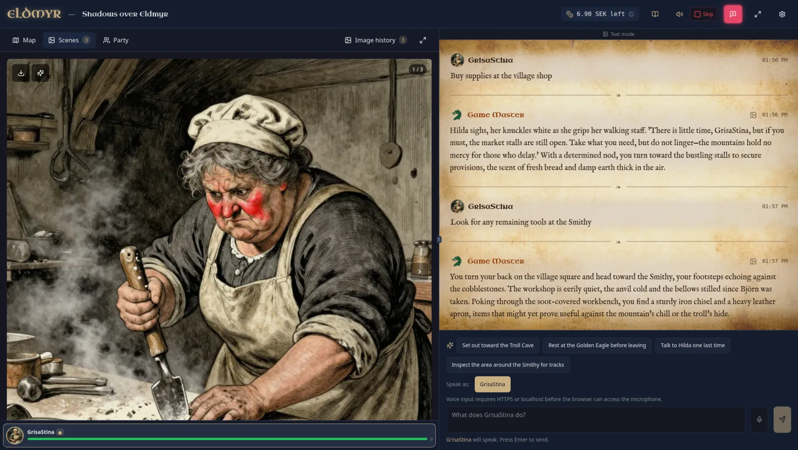 The game interface — story, choices and scene panel